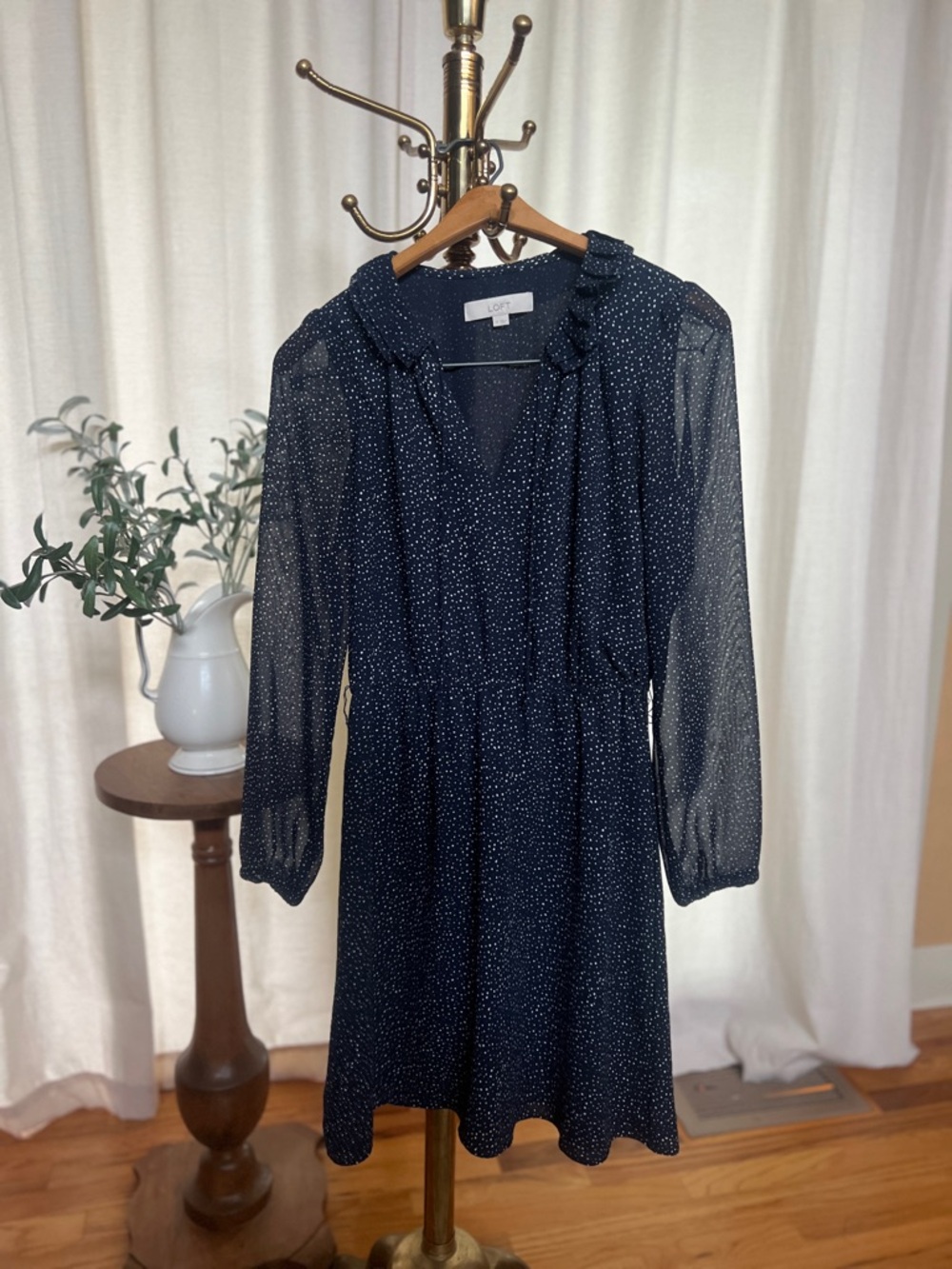LOFT Navy Dot Long-Sleeve Ruffle Neck Dress